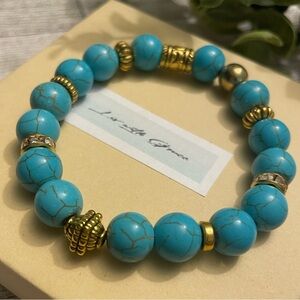 Crackle Blue Quartz and Gold 10mm stretch Bracelet, gold accents handmade